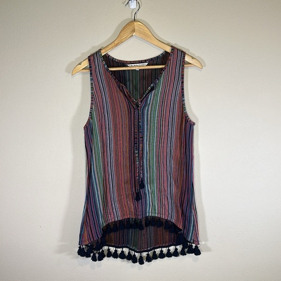 Trina Turk Ariel Raschel Knit Multi Stripe Tank Top Women XL Tassels Casual Boho - Picture 1 of 8